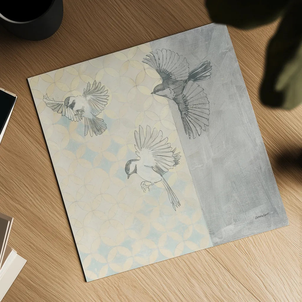 Chickadees Alighting by Kathrine Lovell. Shown as a detailed flat fine art print, highlighting archival giclee quality. Available as an archival giclee rolled canvas, fine art paper, or poster print. SKU 92714a.