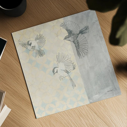 Chickadees Alighting by Kathrine Lovell. Shown as a detailed flat fine art print, highlighting archival giclee quality. Available as an archival giclee rolled canvas, fine art paper, or poster print. SKU 92714a.