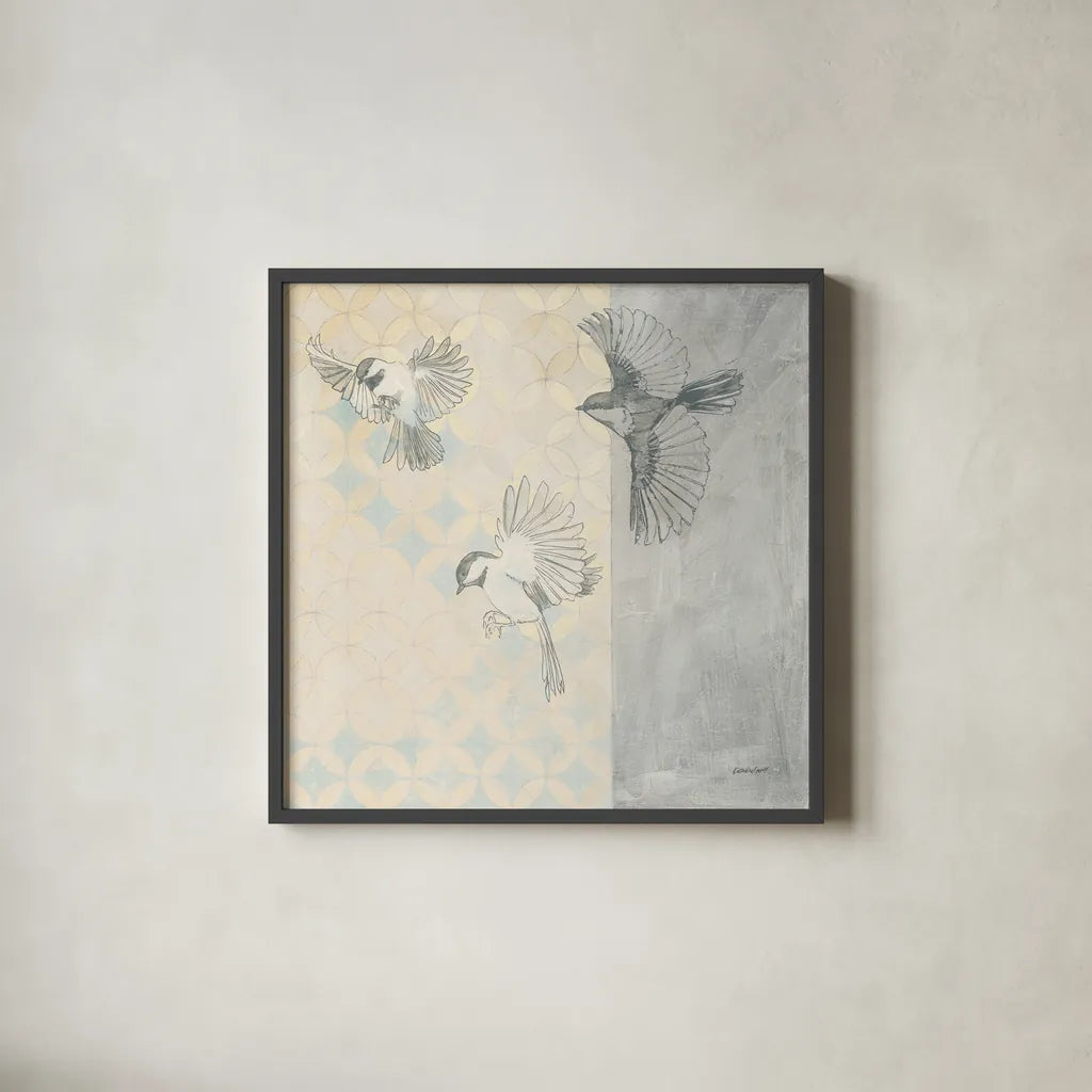 Chickadees Alighting by Kathrine Lovell. Shown in a sleek black glass frame for a contemporary gallery look. Available as an archival giclee rolled canvas, fine art paper, or poster print. SKU 92714a.
