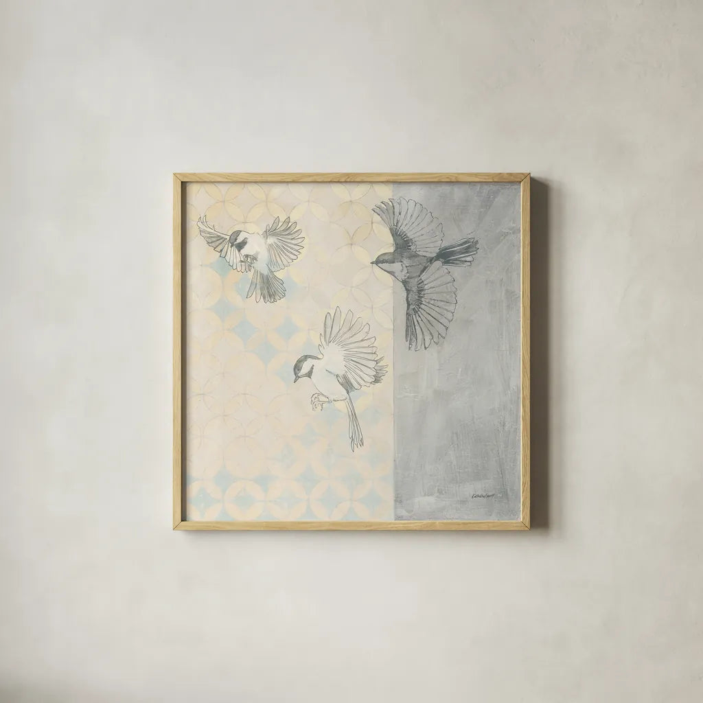Chickadees Alighting by Kathrine Lovell. Shown in a natural wood glass frame for a timeless modern aesthetic. Available as an archival giclee rolled canvas, fine art paper, or poster print. SKU 92714a.
