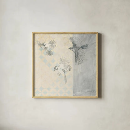 Chickadees Alighting by Kathrine Lovell. Shown in a natural wood glass frame for a timeless modern aesthetic. Available as an archival giclee rolled canvas, fine art paper, or poster print. SKU 92714a.