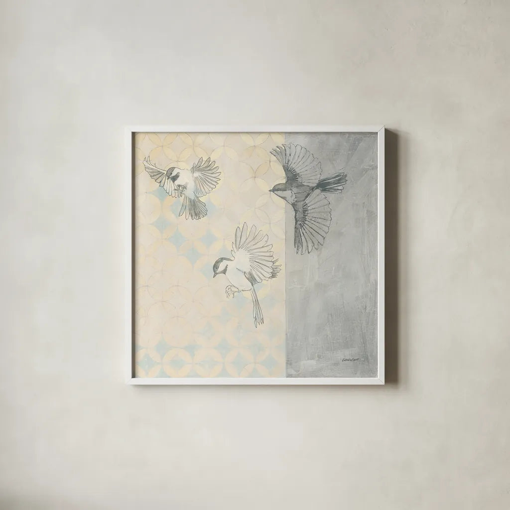 Chickadees Alighting by Kathrine Lovell. Shown in a crisp white glass frame for a clean and minimalist style. Available as an archival giclee rolled canvas, fine art paper, or poster print. SKU 92714a.