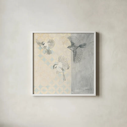 Chickadees Alighting by Kathrine Lovell. Shown in a crisp white glass frame for a clean and minimalist style. Available as an archival giclee rolled canvas, fine art paper, or poster print. SKU 92714a.