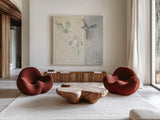Chickadees Alighting by Kathrine Lovell. Shown as extra-large giant wall art in a modern living room. Available as an archival giclee rolled canvas, fine art paper, or poster print. SKU 92714a.