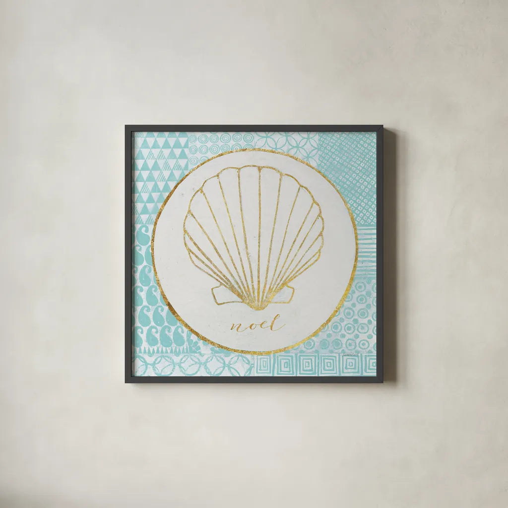 Christmas Shells II by Kathrine Lovell. Shown in a sleek black glass frame for a contemporary gallery look. Available as an archival giclee rolled canvas, fine art paper, or poster print. SKU 57896a.