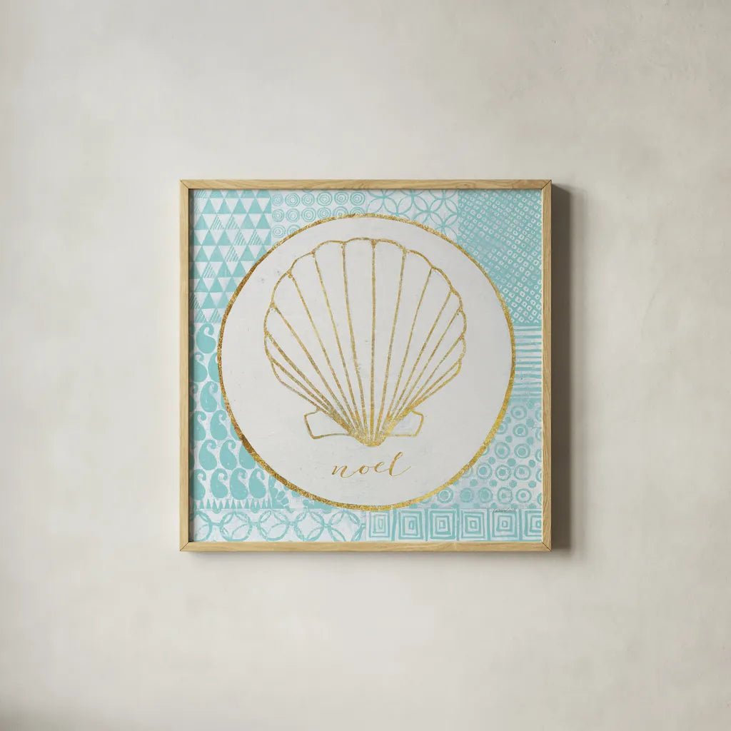 Christmas Shells II by Kathrine Lovell. Shown in a natural wood glass frame for a timeless modern aesthetic. Available as an archival giclee rolled canvas, fine art paper, or poster print. SKU 57896a.