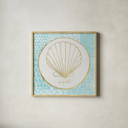 Christmas Shells II by Kathrine Lovell. Shown in a natural wood glass frame for a timeless modern aesthetic. Available as an archival giclee rolled canvas, fine art paper, or poster print. SKU 57896a.