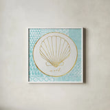 Christmas Shells II by Kathrine Lovell. Shown in a crisp white glass frame for a clean and minimalist style. Available as an archival giclee rolled canvas, fine art paper, or poster print. SKU 57896a.