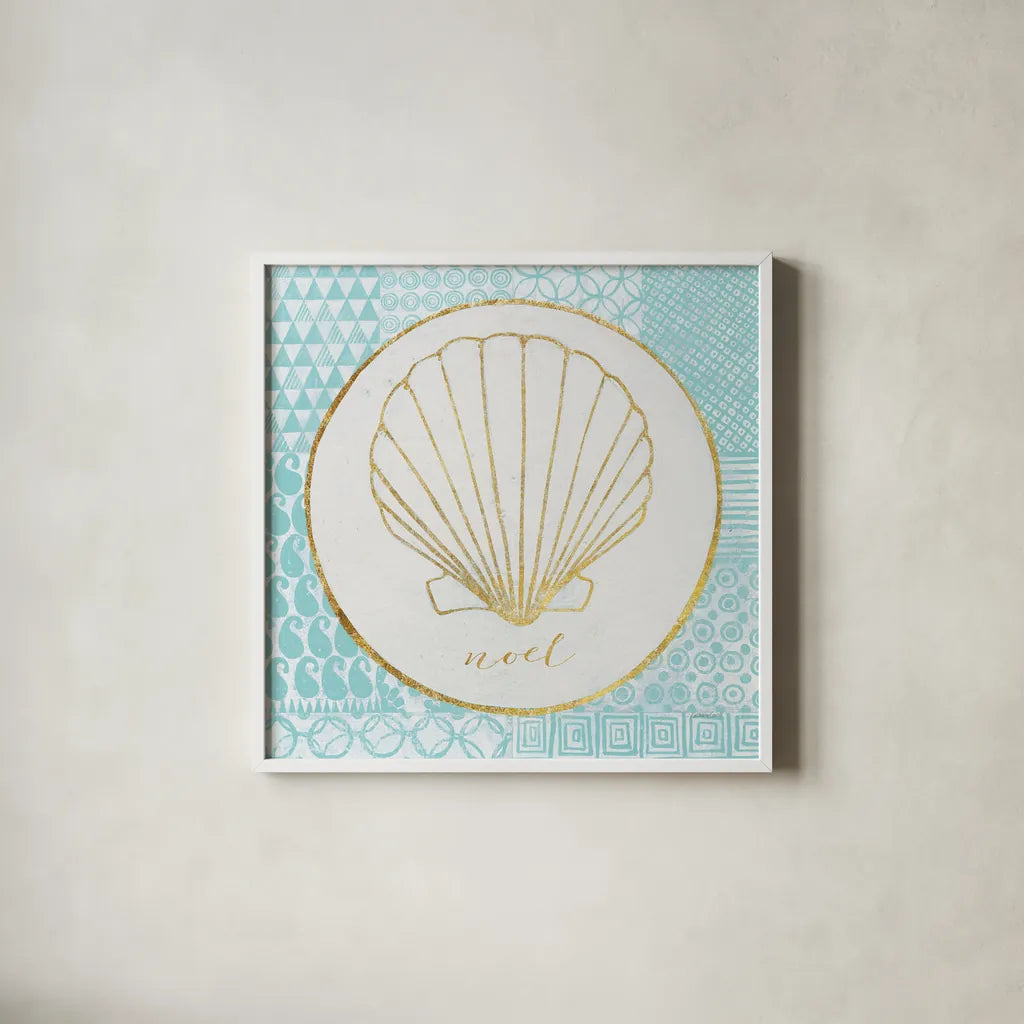 Christmas Shells II by Kathrine Lovell. Shown in a crisp white glass frame for a clean and minimalist style. Available as an archival giclee rolled canvas, fine art paper, or poster print. SKU 57896a.