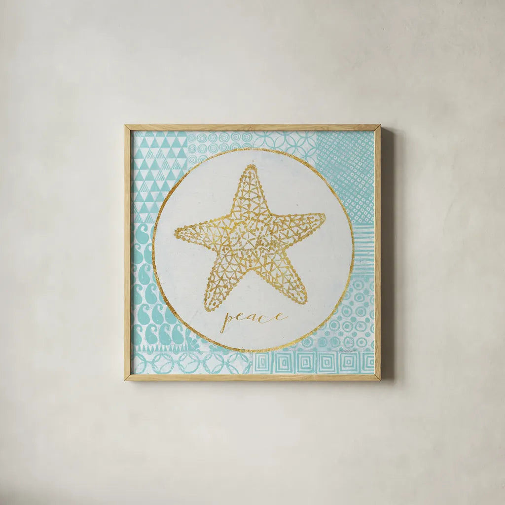 Christmas Shells IV by Kathrine Lovell. Shown in a natural wood glass frame for a timeless modern aesthetic. Available as an archival giclee rolled canvas, fine art paper, or poster print. SKU 57897a.