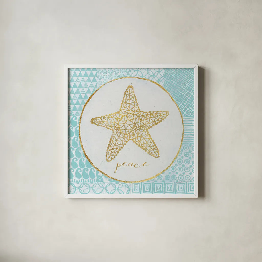 Christmas Shells IV by Kathrine Lovell. Shown in a crisp white glass frame for a clean and minimalist style. Available as an archival giclee rolled canvas, fine art paper, or poster print. SKU 57897a.