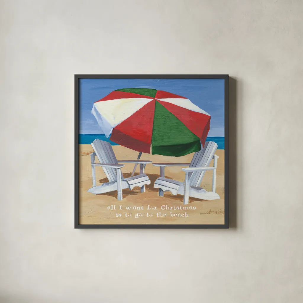 Christmas at the Beach III by Kathrine Lovell. Shown in a sleek black glass frame for a contemporary gallery look. Available as an archival giclee rolled canvas, fine art paper, or poster print. SKU 57893a.