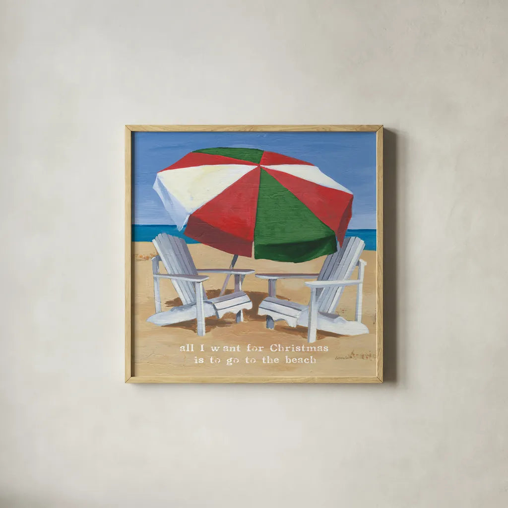 Christmas at the Beach III by Kathrine Lovell. Shown in a natural wood glass frame for a timeless modern aesthetic. Available as an archival giclee rolled canvas, fine art paper, or poster print. SKU 57893a.