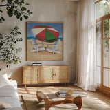 Christmas at the Beach III by Kathrine Lovell. Shown in a natural wood frame in a cozy modern living room. Available as an archival giclee rolled canvas, fine art paper, or poster print. SKU 57893a.