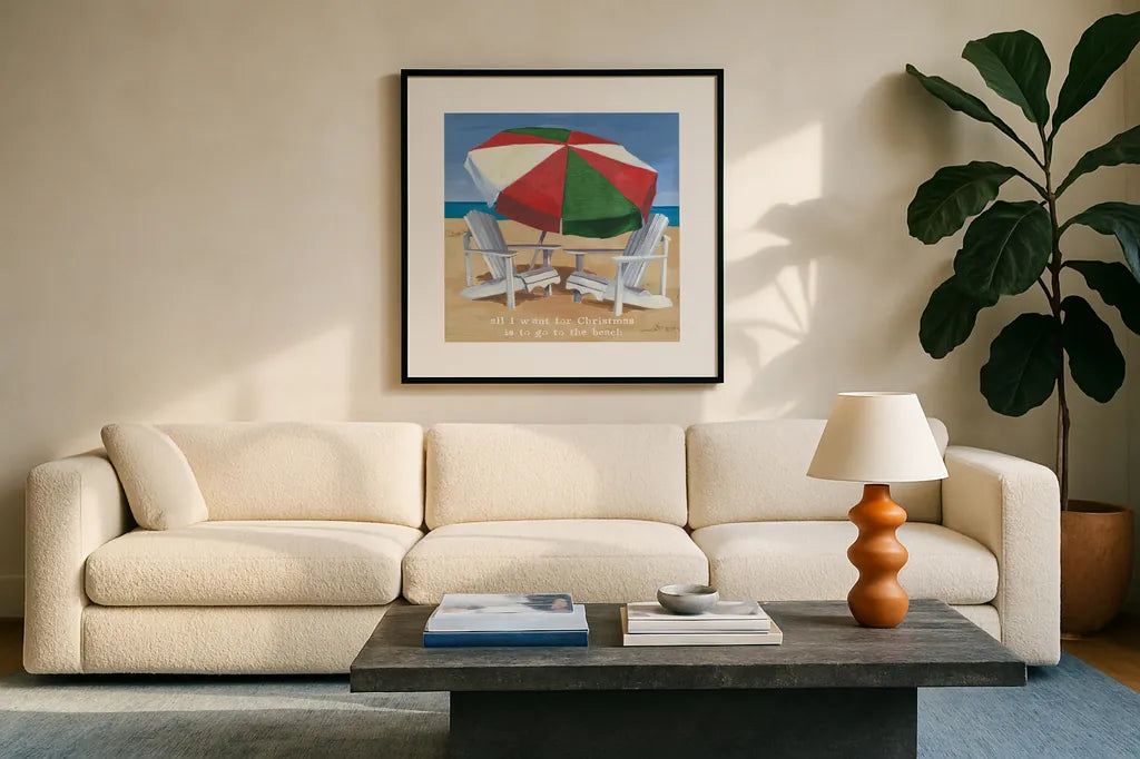 Christmas at the Beach III by Kathrine Lovell. Displayed in a glass frame with matte in a clean modern living room. Available as an archival giclee rolled canvas, fine art paper, or poster print. SKU 57893a.