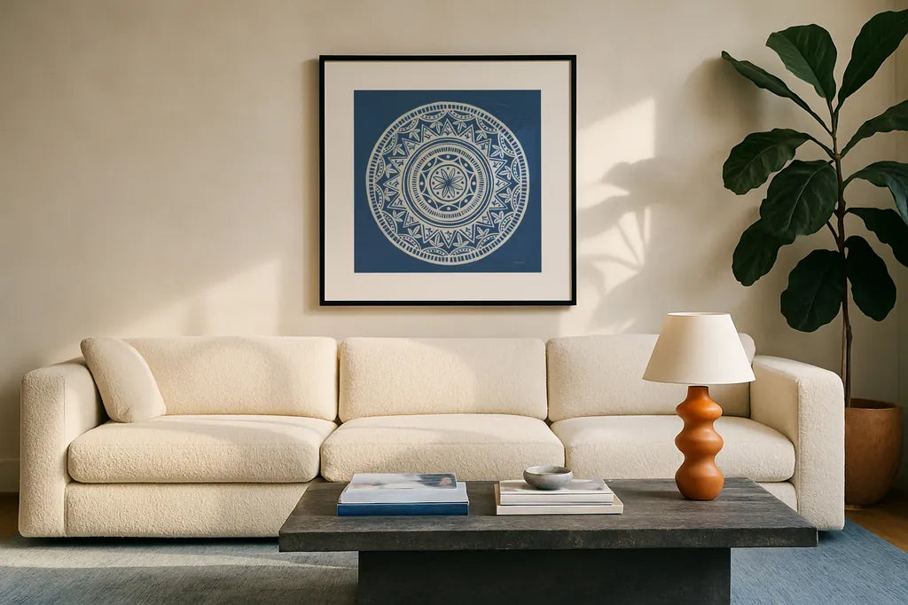 Circle Designs IV by Kathrine Lovell. Displayed in a glass frame with matte in a clean modern living room. Available as an archival giclee rolled canvas, fine art paper, or poster print. SKU 32448a.