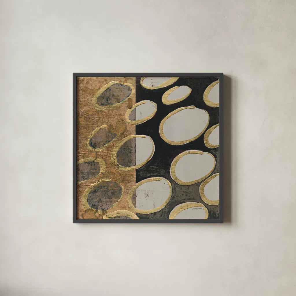 Copper Circles I Taupe by Kathrine Lovell. Shown in a sleek black glass frame for a contemporary gallery look. Available as an archival giclee rolled canvas, fine art paper, or poster print. SKU 43440a.