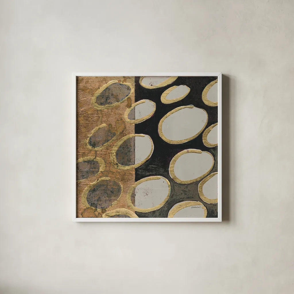Copper Circles I Taupe by Kathrine Lovell. Shown in a crisp white glass frame for a clean and minimalist style. Available as an archival giclee rolled canvas, fine art paper, or poster print. SKU 43440a.