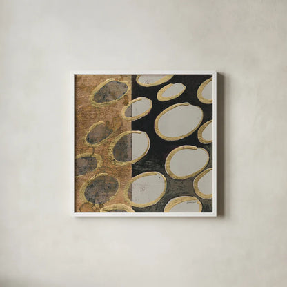 Copper Circles I Taupe by Kathrine Lovell. Shown in a crisp white glass frame for a clean and minimalist style. Available as an archival giclee rolled canvas, fine art paper, or poster print. SKU 43440a.