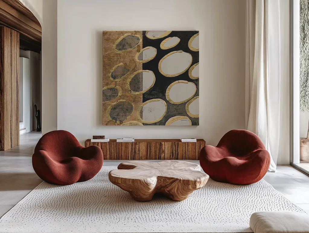 Copper Circles I Taupe by Kathrine Lovell. Shown as extra-large giant wall art in a modern living room. Available as an archival giclee rolled canvas, fine art paper, or poster print. SKU 43440a.