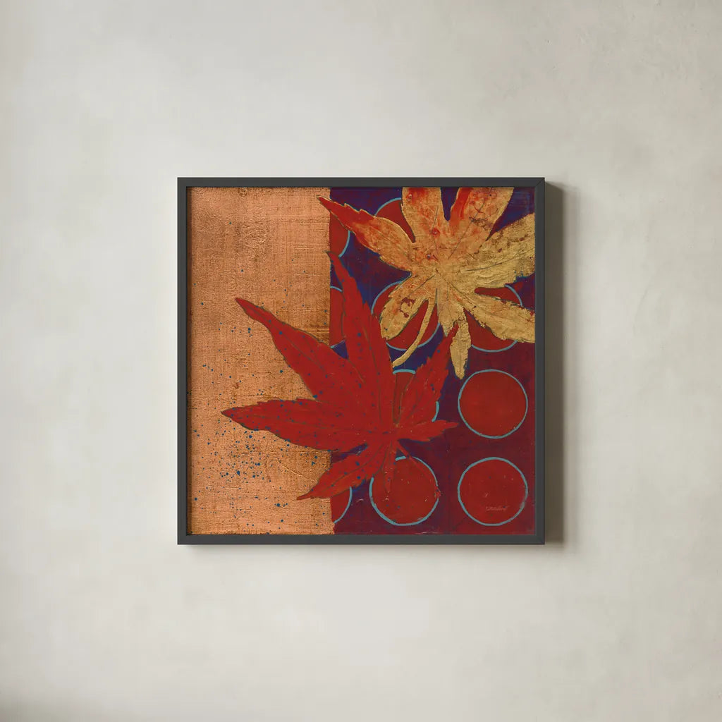 Copper Circles III by Kathrine Lovell. Shown in a sleek black glass frame for a contemporary gallery look. Available as an archival giclee rolled canvas, fine art paper, or poster print. SKU 22431a.