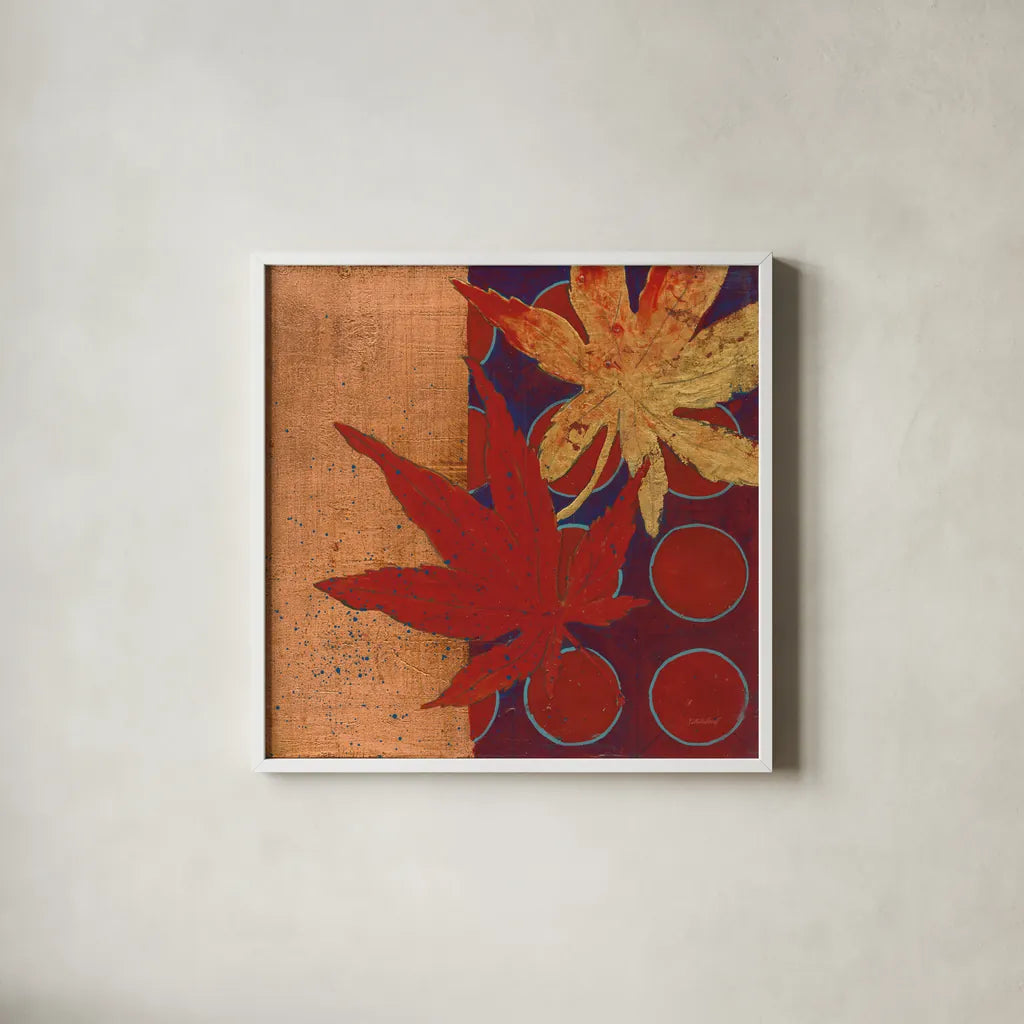 Copper Circles III by Kathrine Lovell. Shown in a crisp white glass frame for a clean and minimalist style. Available as an archival giclee rolled canvas, fine art paper, or poster print. SKU 22431a.