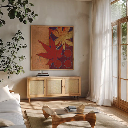 Copper Circles III by Kathrine Lovell. Shown in a natural wood frame in a cozy modern living room. Available as an archival giclee rolled canvas, fine art paper, or poster print. SKU 22431a.
