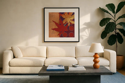 Copper Circles III by Kathrine Lovell. Displayed in a glass frame with matte in a clean modern living room. Available as an archival giclee rolled canvas, fine art paper, or poster print. SKU 22431a.