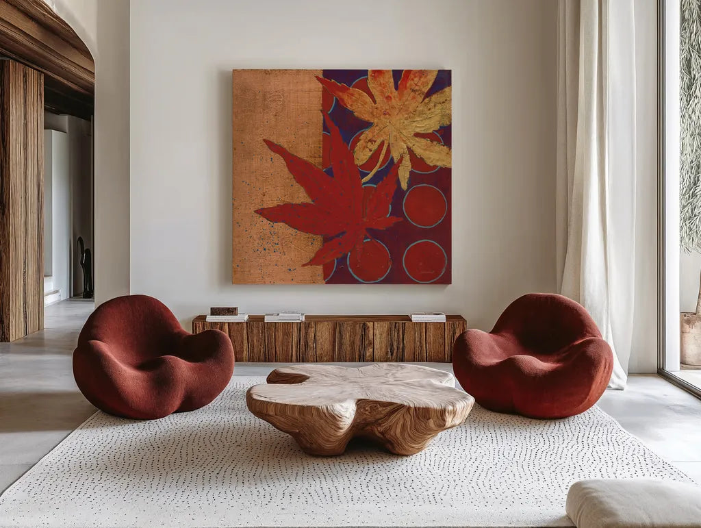 Copper Circles III by Kathrine Lovell. Shown as extra-large giant wall art in a modern living room. Available as an archival giclee rolled canvas, fine art paper, or poster print. SKU 22431a.