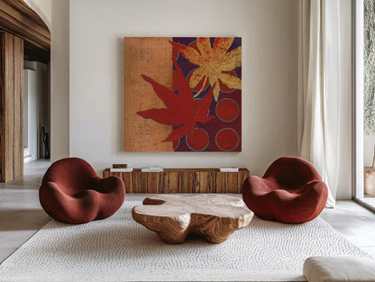 Copper Circles III by Kathrine Lovell. Shown as extra-large giant wall art in a modern living room. Available as an archival giclee rolled canvas, fine art paper, or poster print. SKU 22431a.