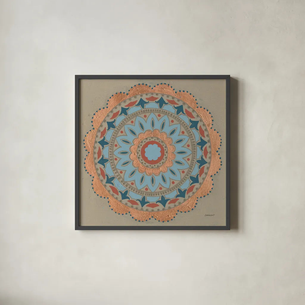 Copper Mandala I by Kathrine Lovell. Shown in a sleek black glass frame for a contemporary gallery look. Available as an archival giclee rolled canvas, fine art paper, or poster print. SKU 24670a.