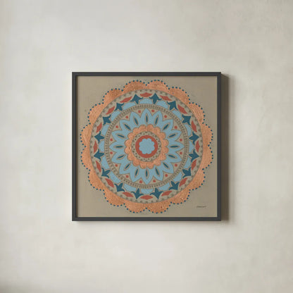 Copper Mandala I by Kathrine Lovell. Shown in a sleek black glass frame for a contemporary gallery look. Available as an archival giclee rolled canvas, fine art paper, or poster print. SKU 24670a.