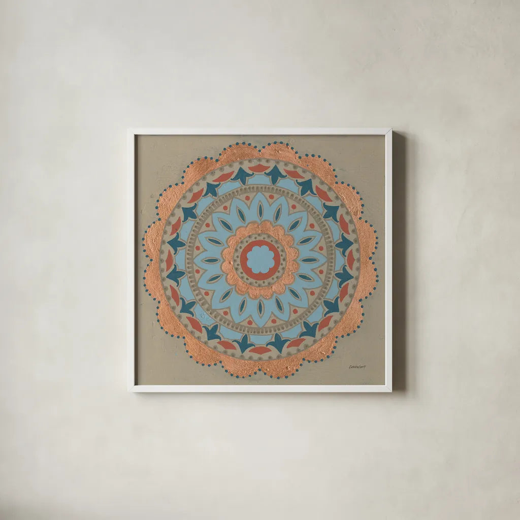 Copper Mandala I by Kathrine Lovell. Shown in a crisp white glass frame for a clean and minimalist style. Available as an archival giclee rolled canvas, fine art paper, or poster print. SKU 24670a.