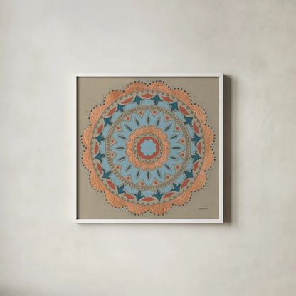 Copper Mandala I by Kathrine Lovell. Shown in a crisp white glass frame for a clean and minimalist style. Available as an archival giclee rolled canvas, fine art paper, or poster print. SKU 24670a.