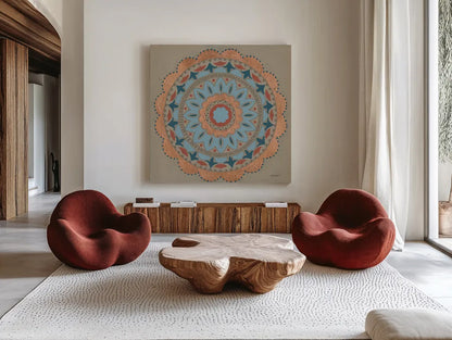 Copper Mandala I by Kathrine Lovell. Shown as extra-large giant wall art in a modern living room. Available as an archival giclee rolled canvas, fine art paper, or poster print. SKU 24670a.