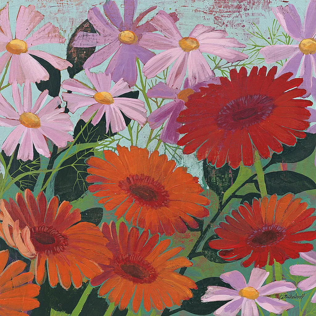 Cosmos and Gerberas III by Kathrine Lovell. SKU 43374a. Archival Giclee Fine art print for wall decor.