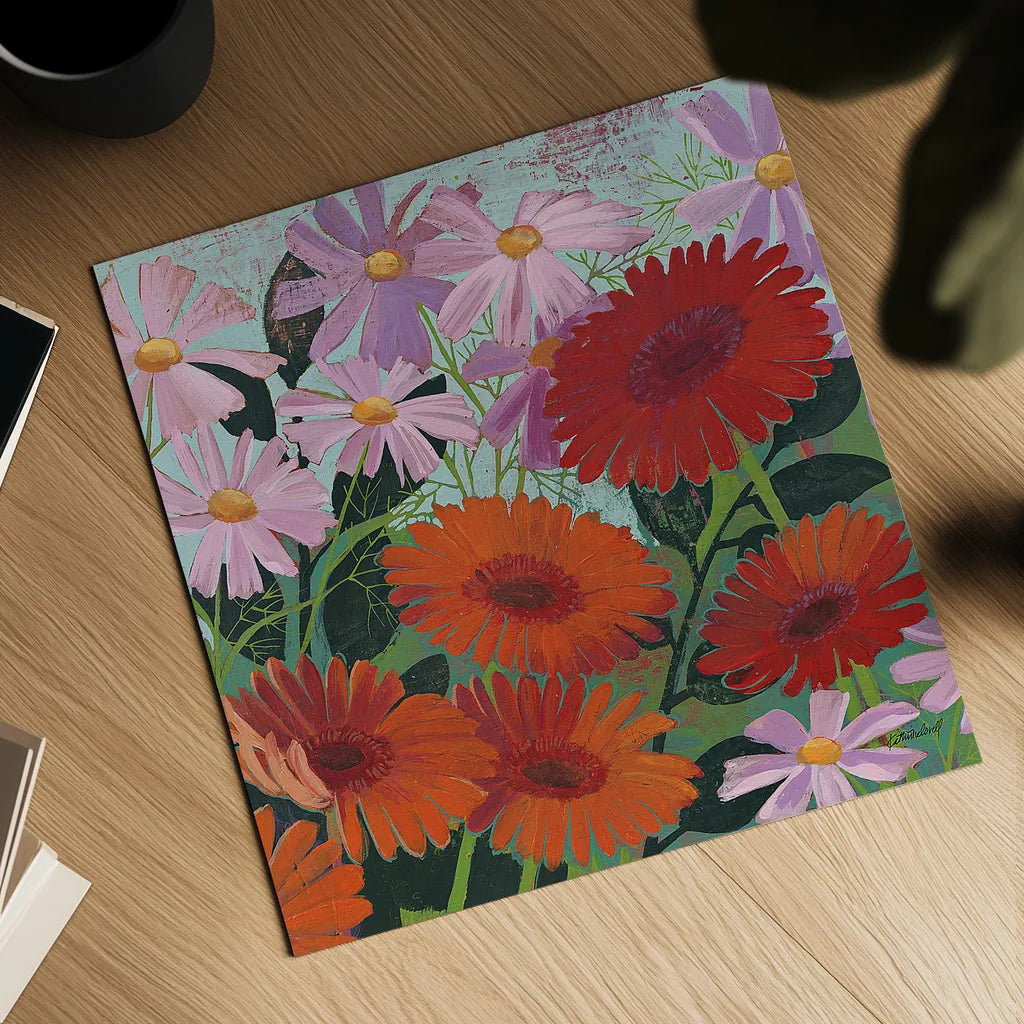 Cosmos and Gerberas III by Kathrine Lovell. Shown as a detailed flat fine art print, highlighting archival giclee quality. Available as an archival giclee rolled canvas, fine art paper, or poster print. SKU 43374a.