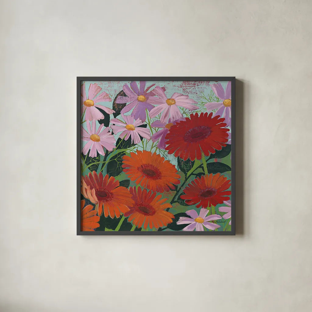 Cosmos and Gerberas III by Kathrine Lovell. Shown in a sleek black glass frame for a contemporary gallery look. Available as an archival giclee rolled canvas, fine art paper, or poster print. SKU 43374a.