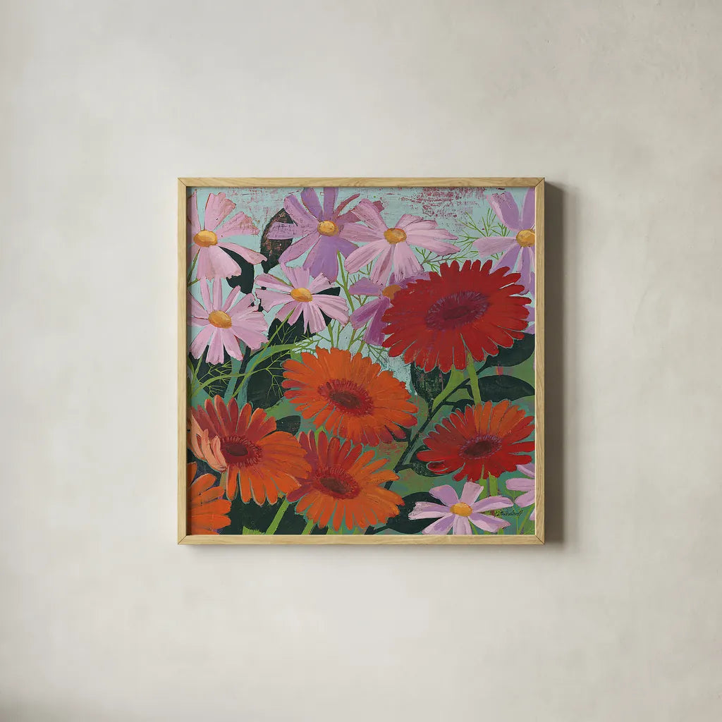 Cosmos and Gerberas III by Kathrine Lovell. Shown in a natural wood glass frame for a timeless modern aesthetic. Available as an archival giclee rolled canvas, fine art paper, or poster print. SKU 43374a.