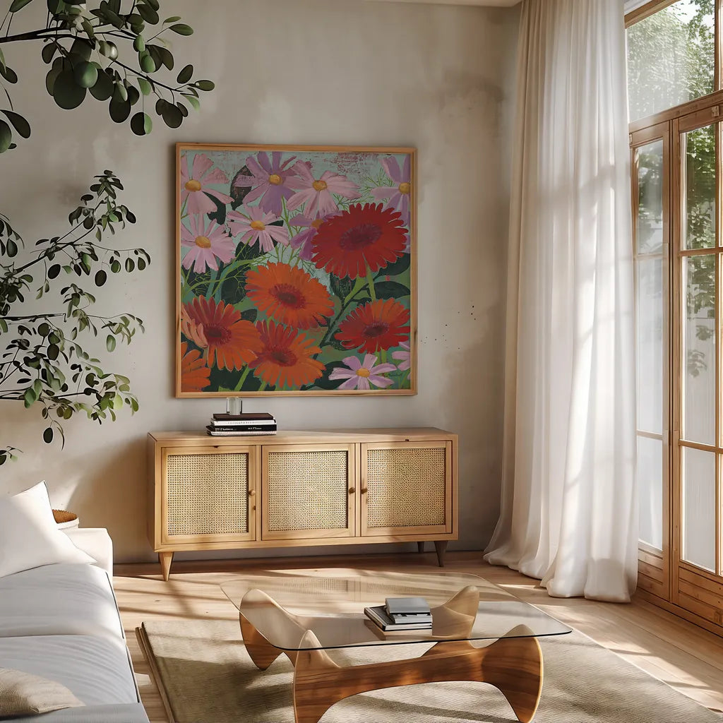 Cosmos and Gerberas III by Kathrine Lovell. Shown in a natural wood frame in a cozy modern living room. Available as an archival giclee rolled canvas, fine art paper, or poster print. SKU 43374a.