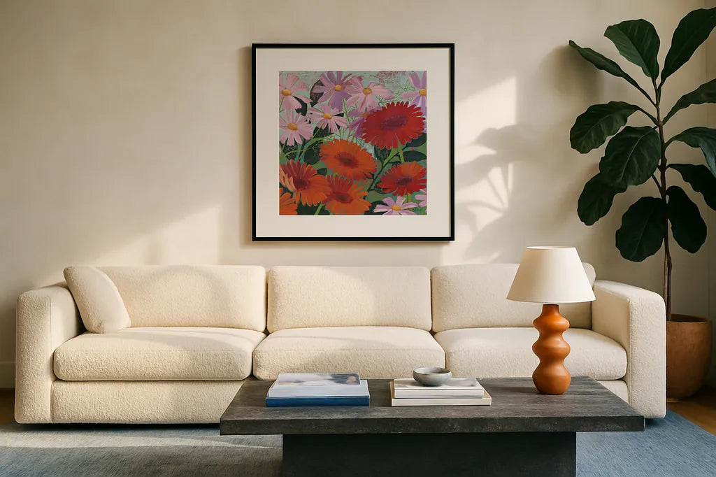 Cosmos and Gerberas III by Kathrine Lovell. Displayed in a glass frame with matte in a clean modern living room. Available as an archival giclee rolled canvas, fine art paper, or poster print. SKU 43374a.
