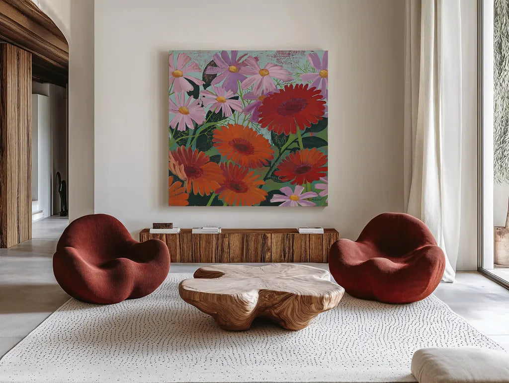Cosmos and Gerberas III by Kathrine Lovell. Shown as extra-large giant wall art in a modern living room. Available as an archival giclee rolled canvas, fine art paper, or poster print. SKU 43374a.