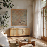 Crimson Sundown by Kathrine Lovell. Shown in a natural wood frame in a cozy modern living room. Available as an archival giclee rolled canvas, fine art paper, or poster print. SKU 43536a.