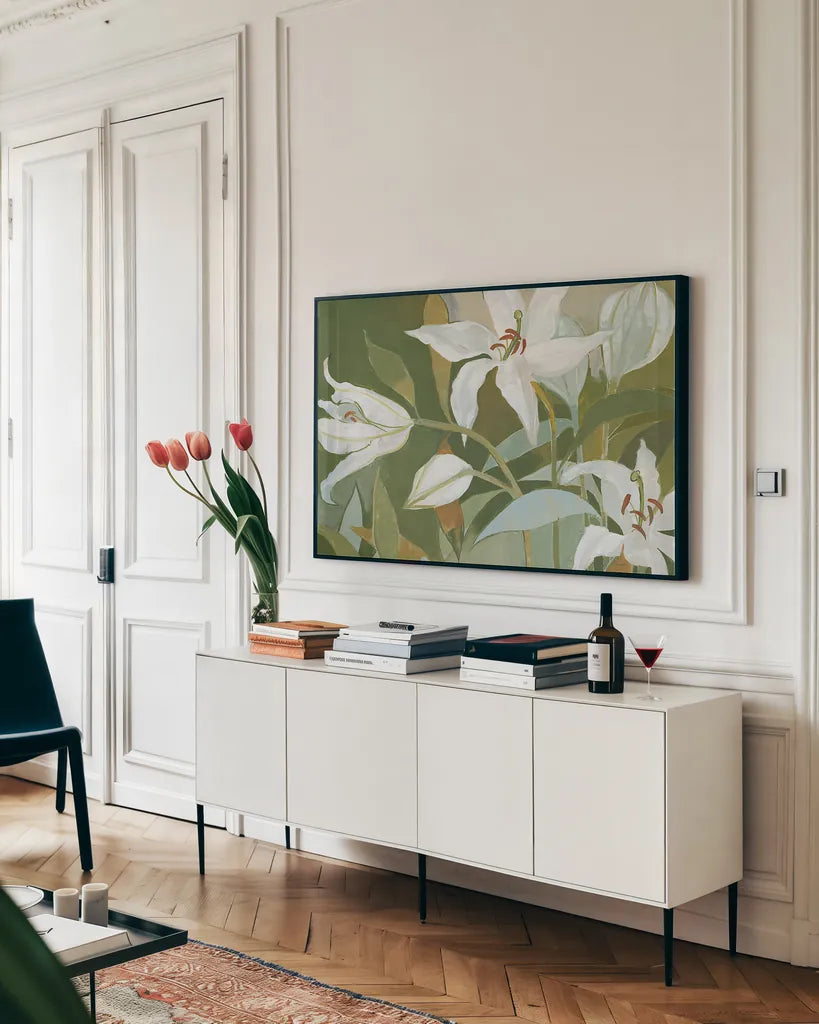 Cut Flowers II by Kathrine Lovell. shown as a framed stretched canvas in a living room above a console. Available as a archival giclee rolled canvas, fine art paper, or poster print. SKU 22761i.