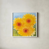 Daisy Day I by Kathrine Lovell. Shown in a crisp white glass frame for a clean and minimalist style. Available as an archival giclee rolled canvas, fine art paper, or poster print. SKU 85514a.