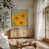 Daisy Day I by Kathrine Lovell. Shown in a natural wood frame in a cozy modern living room. Available as an archival giclee rolled canvas, fine art paper, or poster print. SKU 85514a.