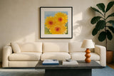 Daisy Day I by Kathrine Lovell. Displayed in a glass frame with matte in a clean modern living room. Available as an archival giclee rolled canvas, fine art paper, or poster print. SKU 85514a.
