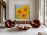 Daisy Day I by Kathrine Lovell. Shown as extra-large giant wall art in a modern living room. Available as an archival giclee rolled canvas, fine art paper, or poster print. SKU 85514a.