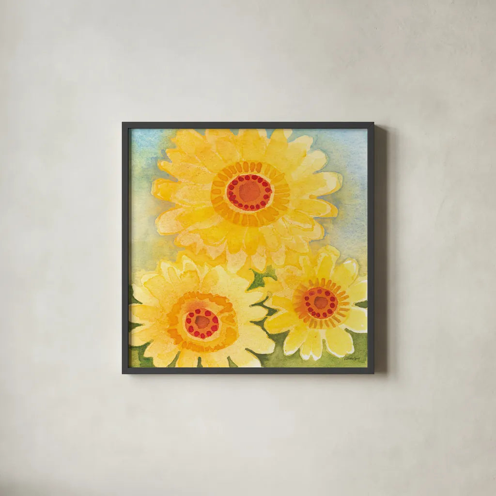 Daisy Day II by Kathrine Lovell. Shown in a sleek black glass frame for a contemporary gallery look. Available as an archival giclee rolled canvas, fine art paper, or poster print. SKU 85515a.