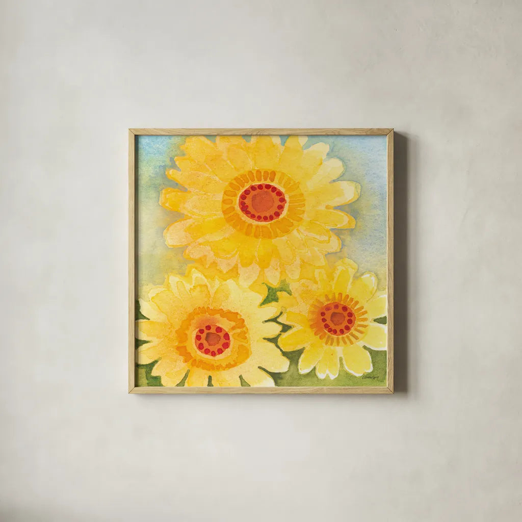 Daisy Day II by Kathrine Lovell. Shown in a natural wood glass frame for a timeless modern aesthetic. Available as an archival giclee rolled canvas, fine art paper, or poster print. SKU 85515a.